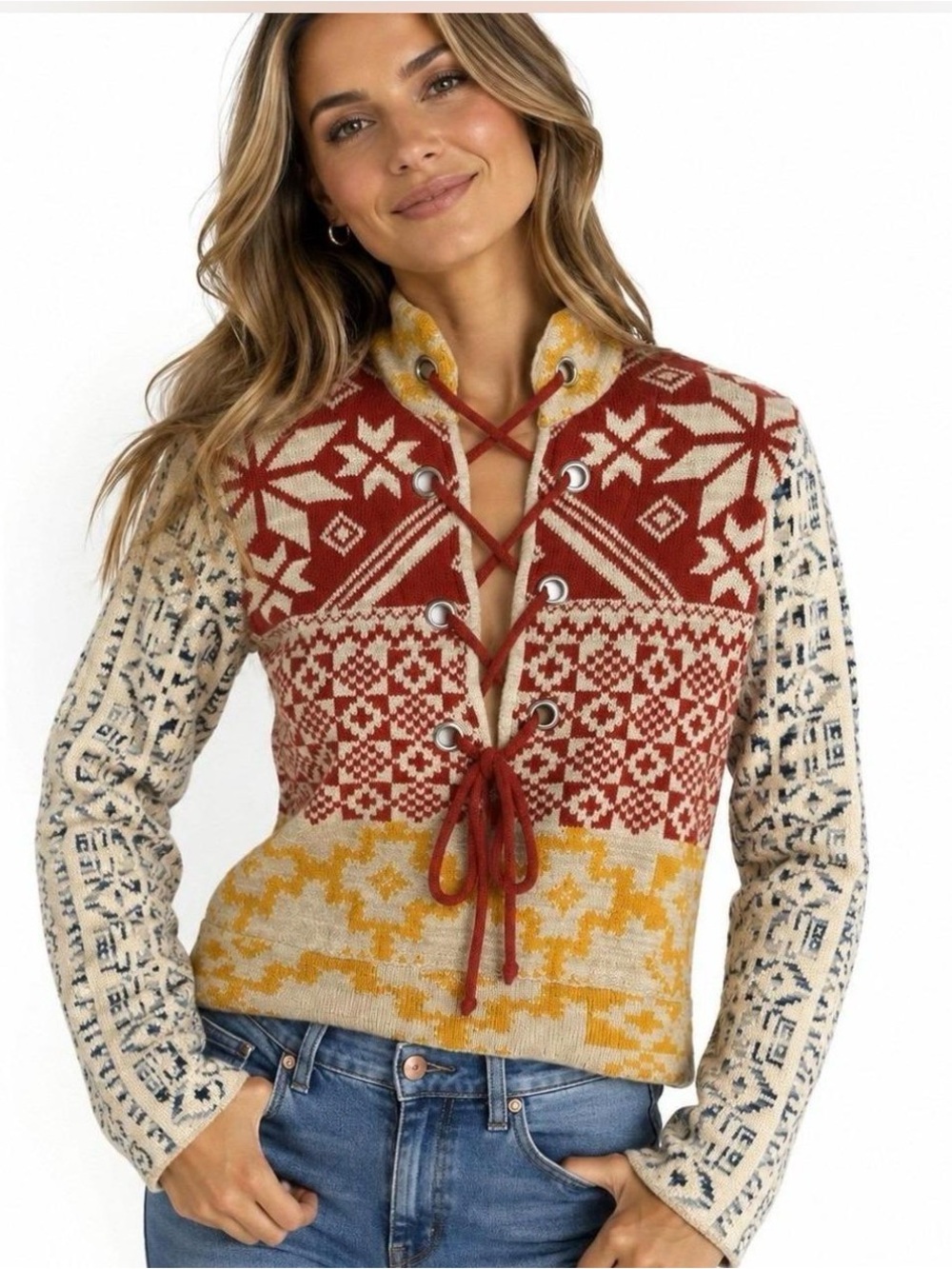 BDG Lace-Up Nordic Fair Isle Cowl Sweater in Red, Yellow, Cream